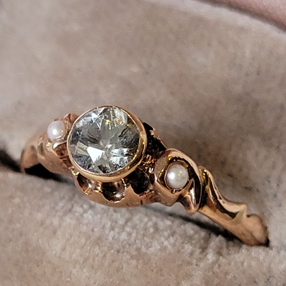 Source Unknown Jewelry - Antique Victorian 10K Rose Solid Gold with Rose Cut Sapphire and Seed Pearls